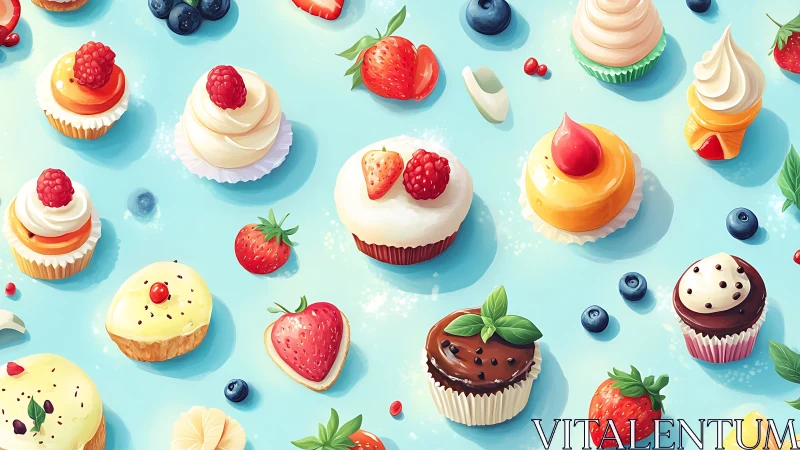 Colorful berry cupcakes form playful dessert pattern