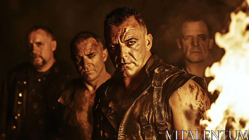 Intense rock band poses before roaring foreground fire