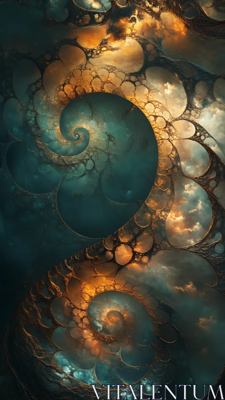 Celestial fractal spirals weaving stormlit golden nebulae.