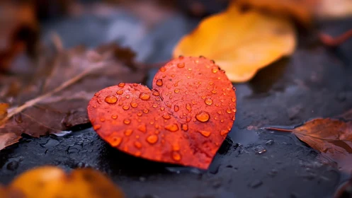 Crimson Leaf with Dewdrops on Wet Stone Surface.