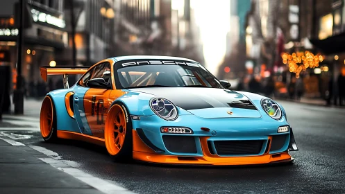 Turbocharged city shark in Gulf blue and blazing orange.