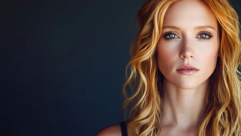 Portrait study of red-haired woman against deep slate backdrop.