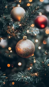 Golden Christmas bauble glows amid defocused festive lights