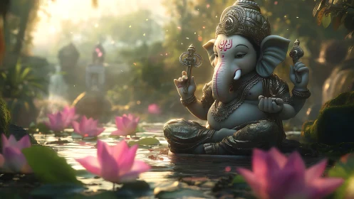 Ganesha idol meditates serenely amid glowing lotus pond.
