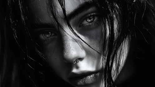Storm-lit gaze in intimate black and white portrait study.