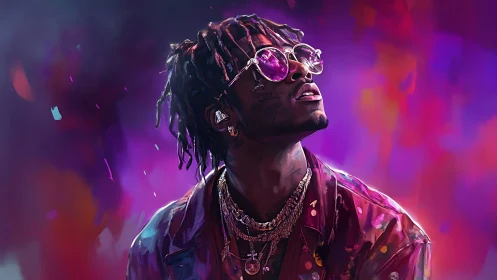 Neon-lit digital portrait of stylish rapper in colors.