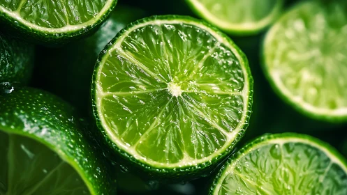 Close-up macro view of sliced fresh green lime halves.