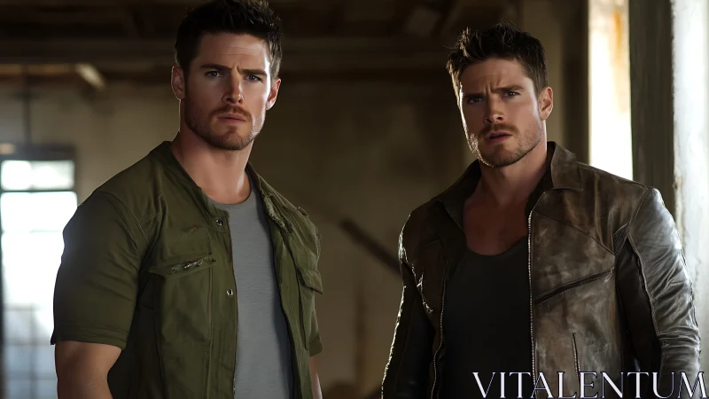 Photorealistic twin portraits in industrial ambient light framing.