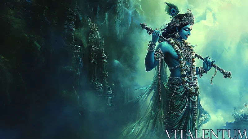 Mystical blue deity plays a flute in glowing emerald mist