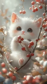 Luminous White Feline Among Crimson Berries and Winter Glow.