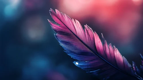 Iridescent feather macro glows in neon twilight bokeh.