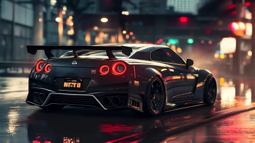 Widebody Nissan GT-R on wet neon city street at night