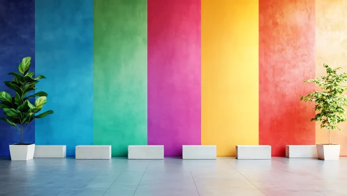 Rainbow striped interior wall with potted plants and concrete benches