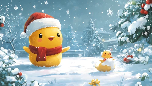 Cheerful Christmas chicks playing in a cozy snowy wonderland.