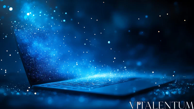 Laptop with glowing blue particles in dark digital space.