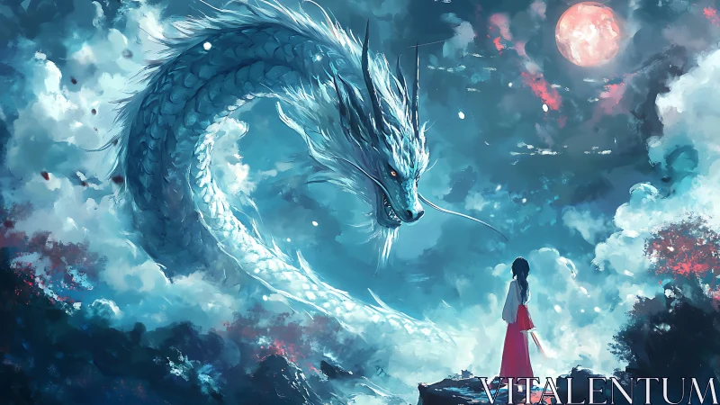 Moonlit sky dragon confronting lone shrine maiden in red.