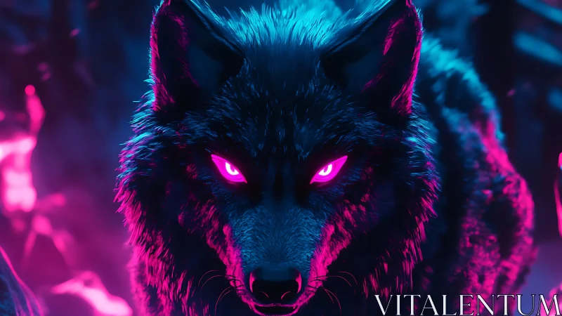 Neon-lit wolf in high contrast pink and blue environment.