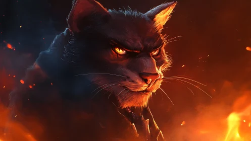Digital feline portrait is rendered in high contrast firelight