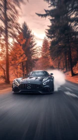 High-speed Mercedes AMG drift with radial motion blur in autumn