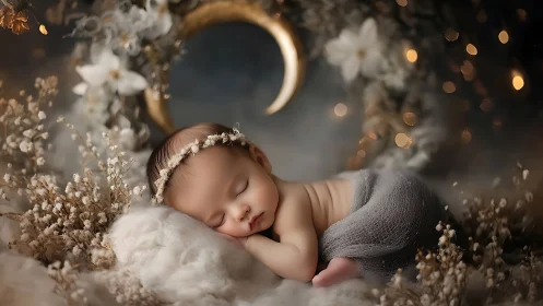 Newborn baby sleeping on clouds in dreamy moon decor.