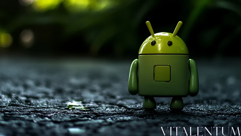 Photorealistic Android mascot on wet macro asphalt ground.