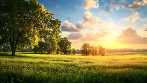 Low-angle sunrise over meadow with backlit deciduous trees