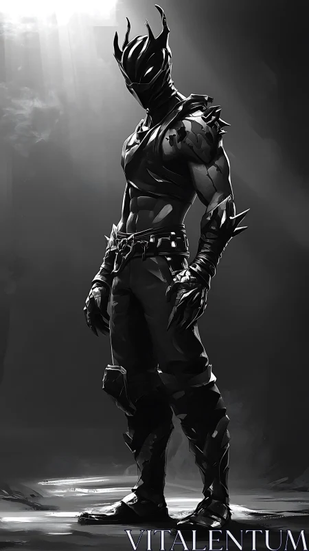 Armored shadow assassin in spiked helmet under shafted light