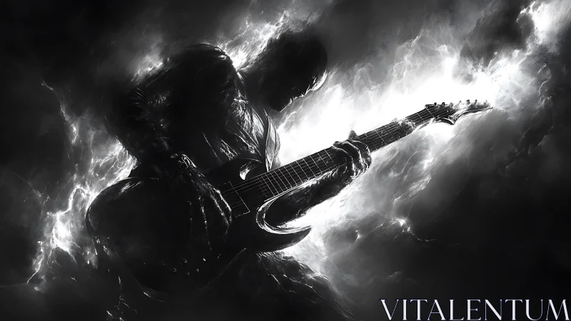 Silhouetted guitarist cuts through swirling monochrome light