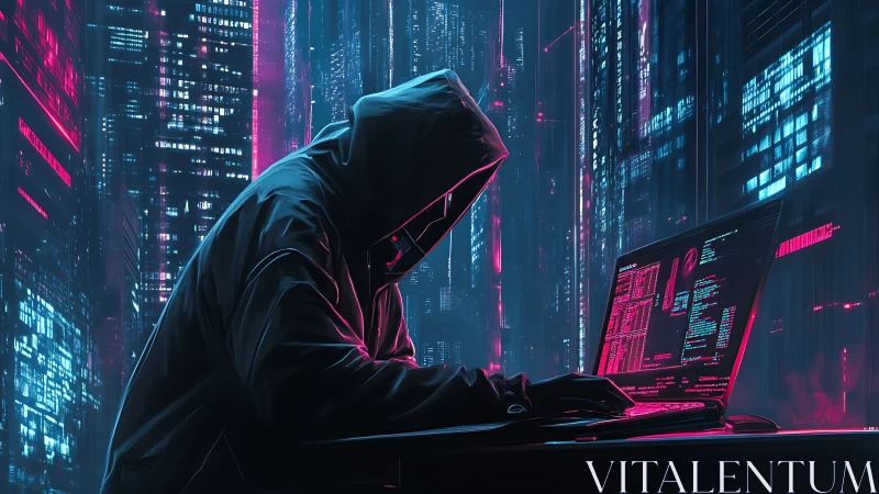 Hooded cyberpunk hacker coding in neon city at night.