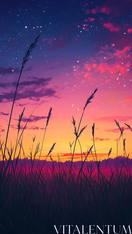 Starlit prairie grasses beneath vivid magenta twilight sky.