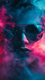 Neon smoke portrait isolates reflective aviators in dual color lighting