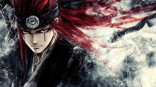 Scarlet‑haired warrior glares through swirling storm energy.