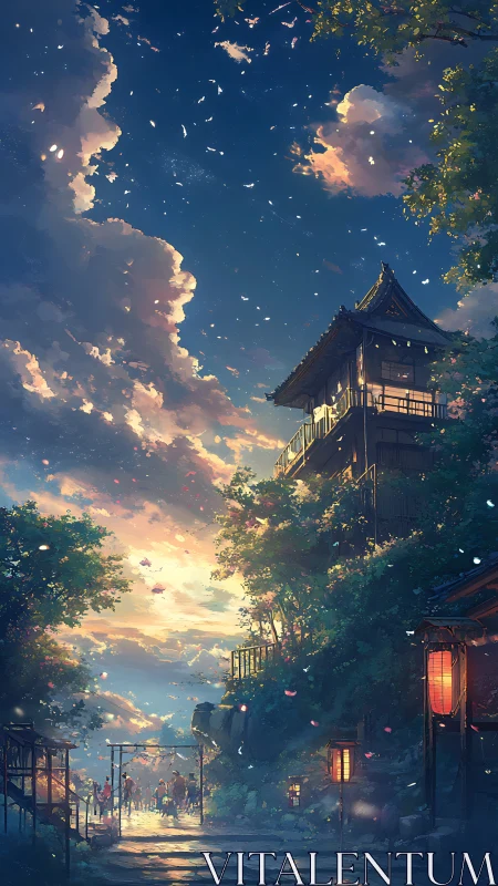 Twilight petals drifting through a lantern-lit village street.