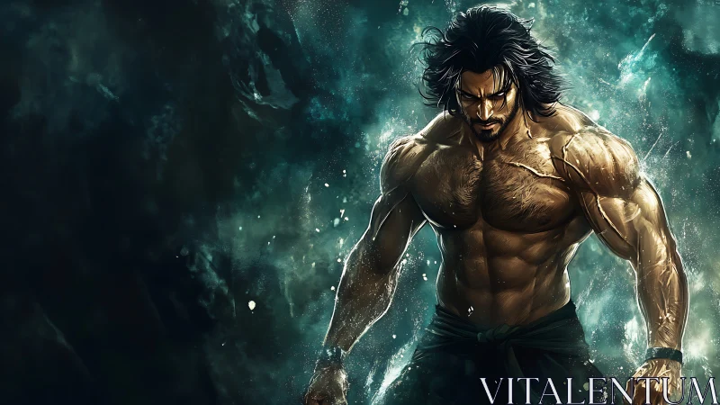 Muscular warrior stands in swirling teal energy storm