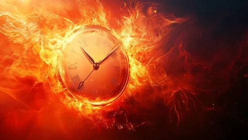 Fiery Clock Face Engulfed in Blazing Flames