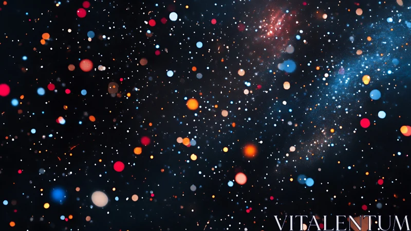 Colorful cosmic particles drift across a star-speckled void.