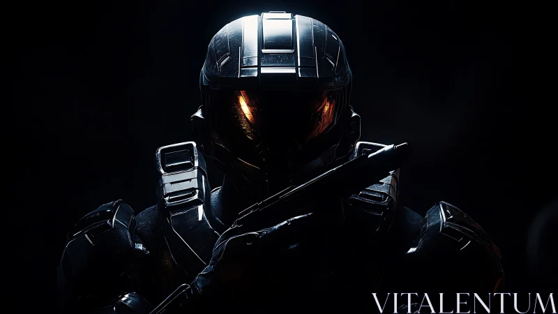 Quiet vigil of a futuristic armored guardian in shadowed light.