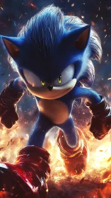 Blue hedgehog character running through fiery impact scene.