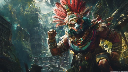 Jungle warlord in feathered mask guards ancient ruin.