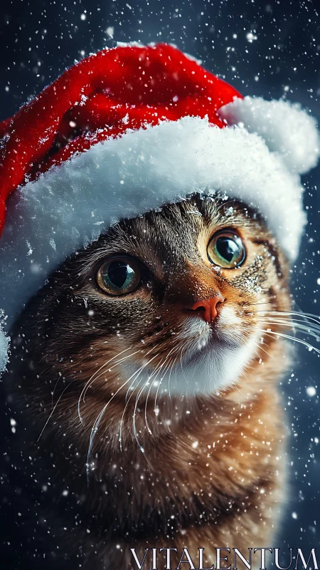 Cat Wearing Santa Hat in Snow