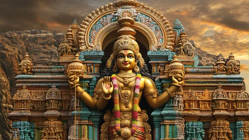Golden Hindu deity stands before ornate temple at sunset
