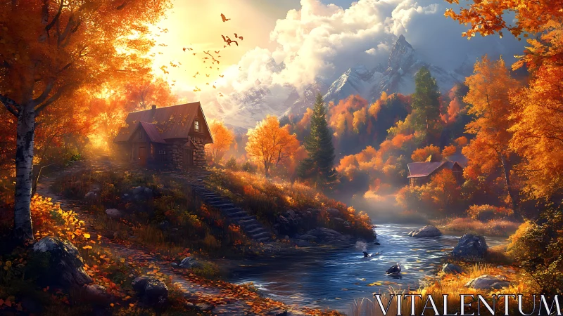 Sunlit autumn riversong cradles two hidden mountain cabins