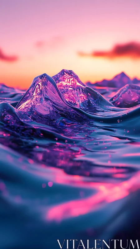 Iridescent digital waves shimmer under a neon sunset sky