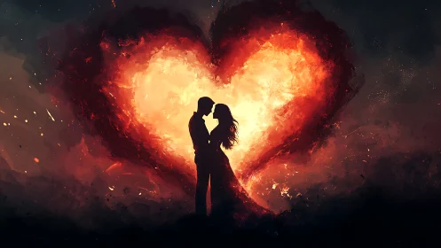 Two souls embraced beneath a fiery heart of light