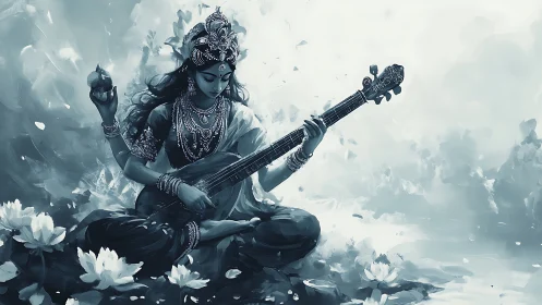 Lotusborn muse strums celestial strings in misted blues.