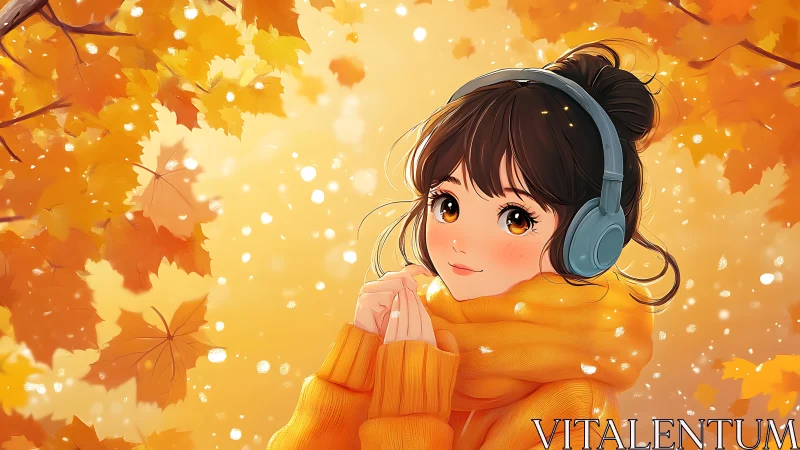 Autumn girl with headphones amid glowing maple leaves.