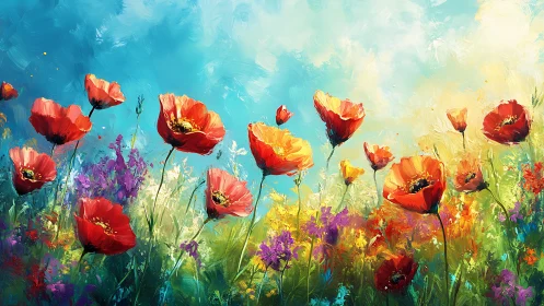 Red Poppies Dancing Against Turquoise Sky.