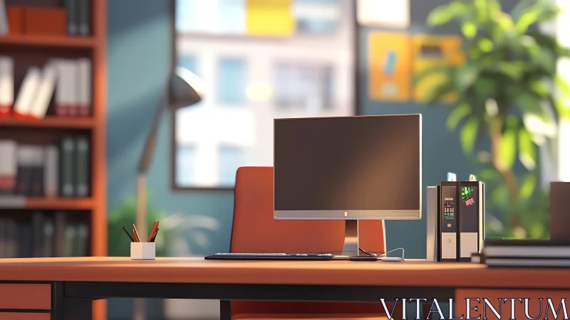 Sunlit modern desk scene with calm computer workspace.