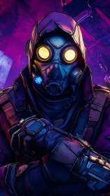 Hooded cyber wanderer resting in neon-soaked shadows.