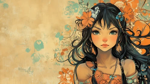 Flower-crowned dreamer in windswept petals and quiet light.